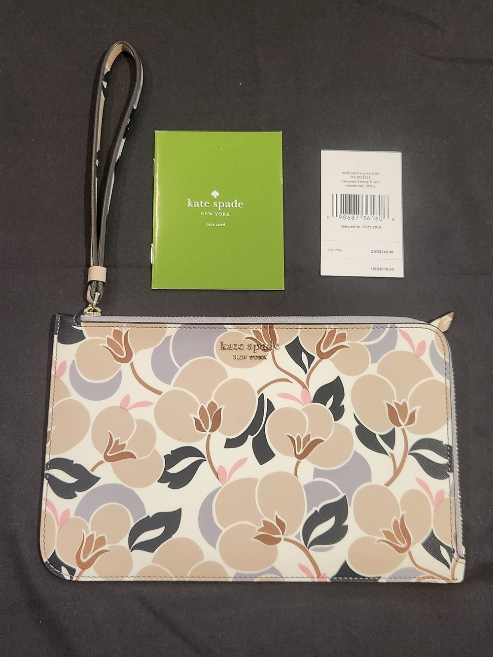 NWT Kate Spade Cameron L-Zip Phone Wallet Wristlet BREEZY FLORAL Fall Gray Cream